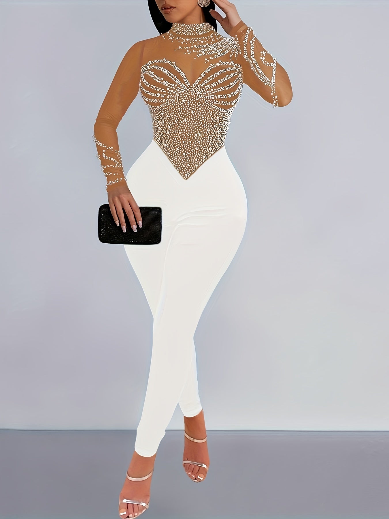 Rhinestone Illusion Neck Jumpsuit, Elegant Long Sleeve Tight Jumpsuit For Party & Club - Women's Clothing - Sparkly Rhinestone Design - Suitable for Evening Events & Parties - Perfect Gift for Women